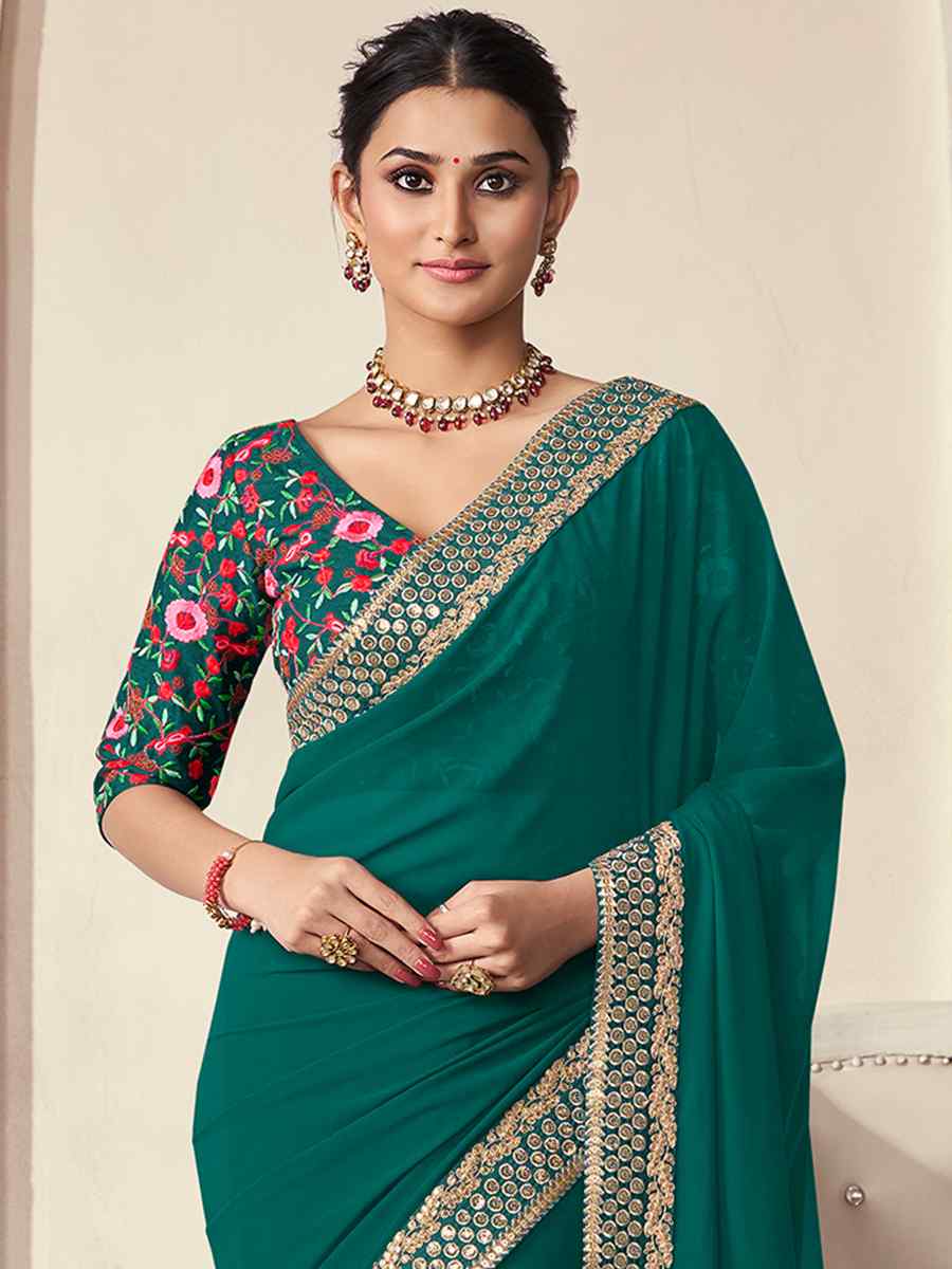 Green Organza Embroidered Party Wedding Classic Style Saree