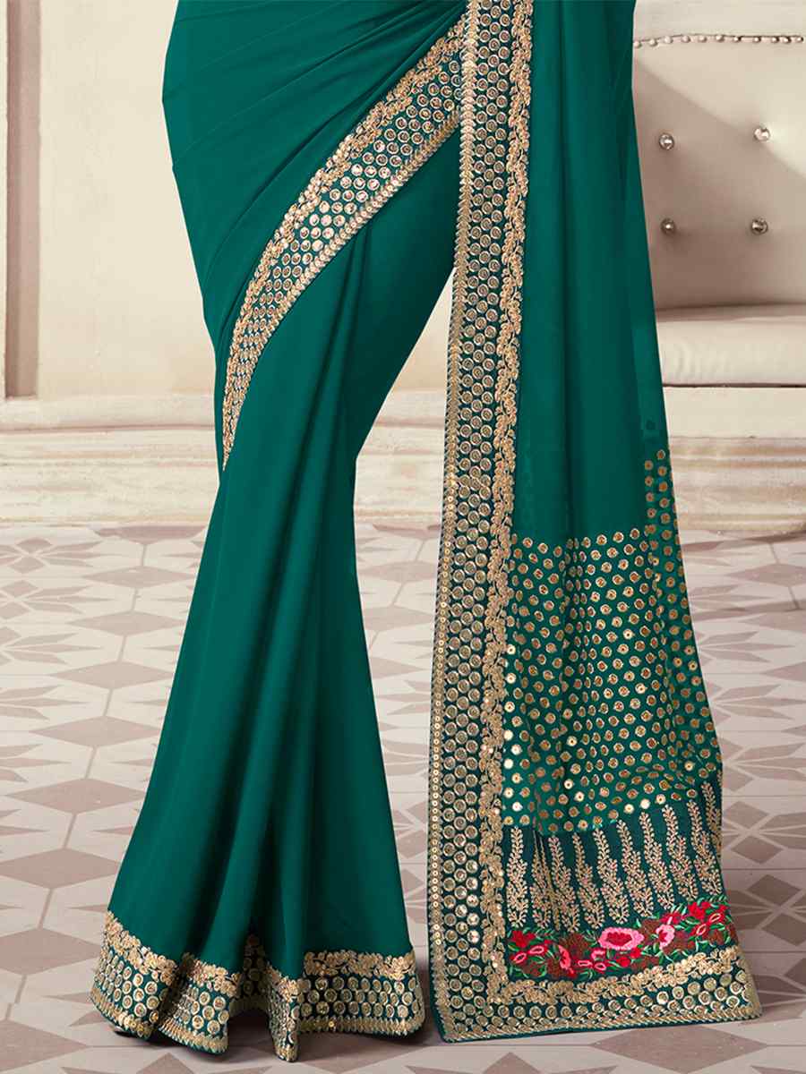 Green Organza Embroidered Party Wedding Classic Style Saree