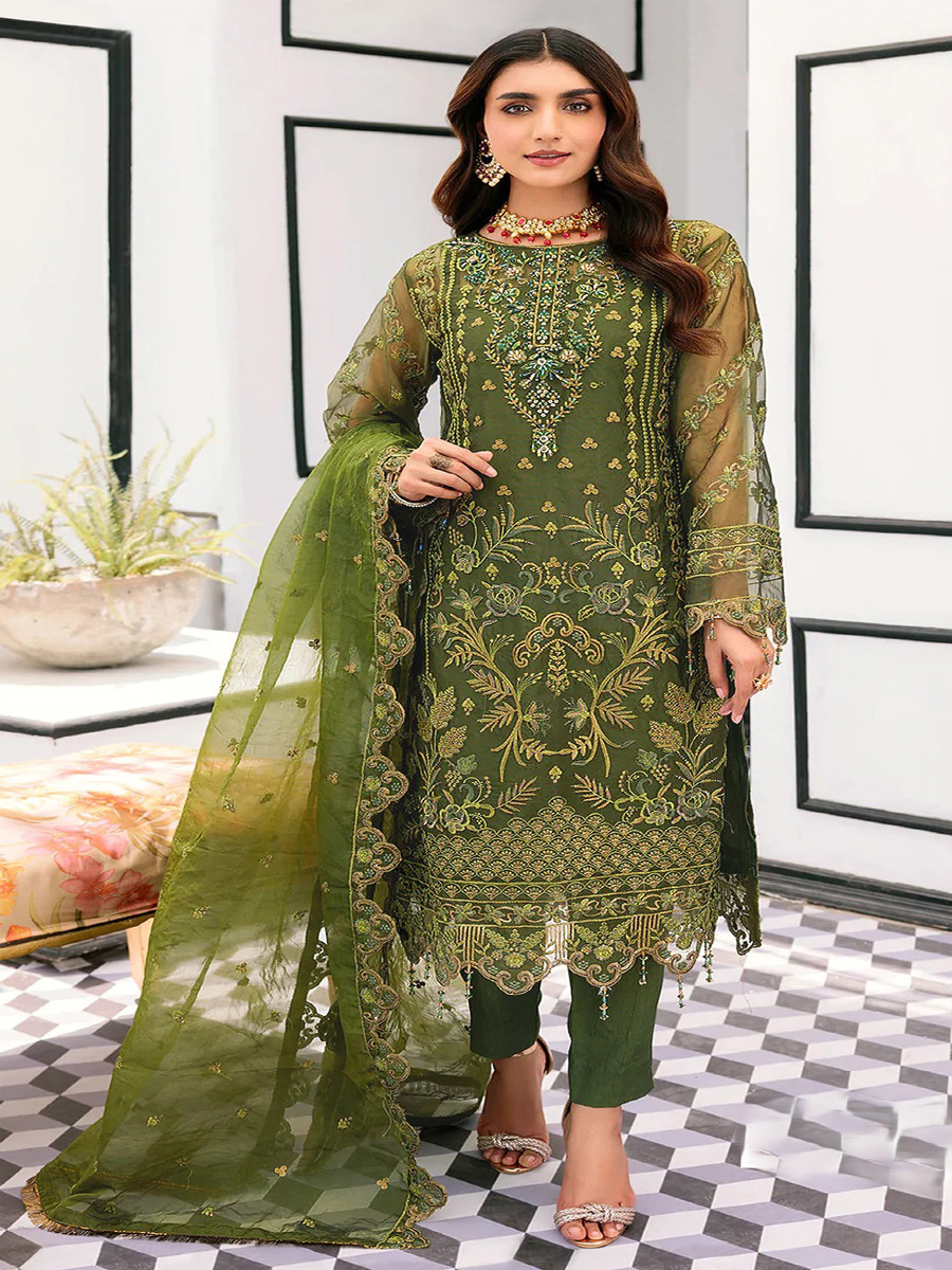 Green Organza Embroidery Zari Sequins Wedding Party Festival Casual Engagement Pant Salwar Kameez