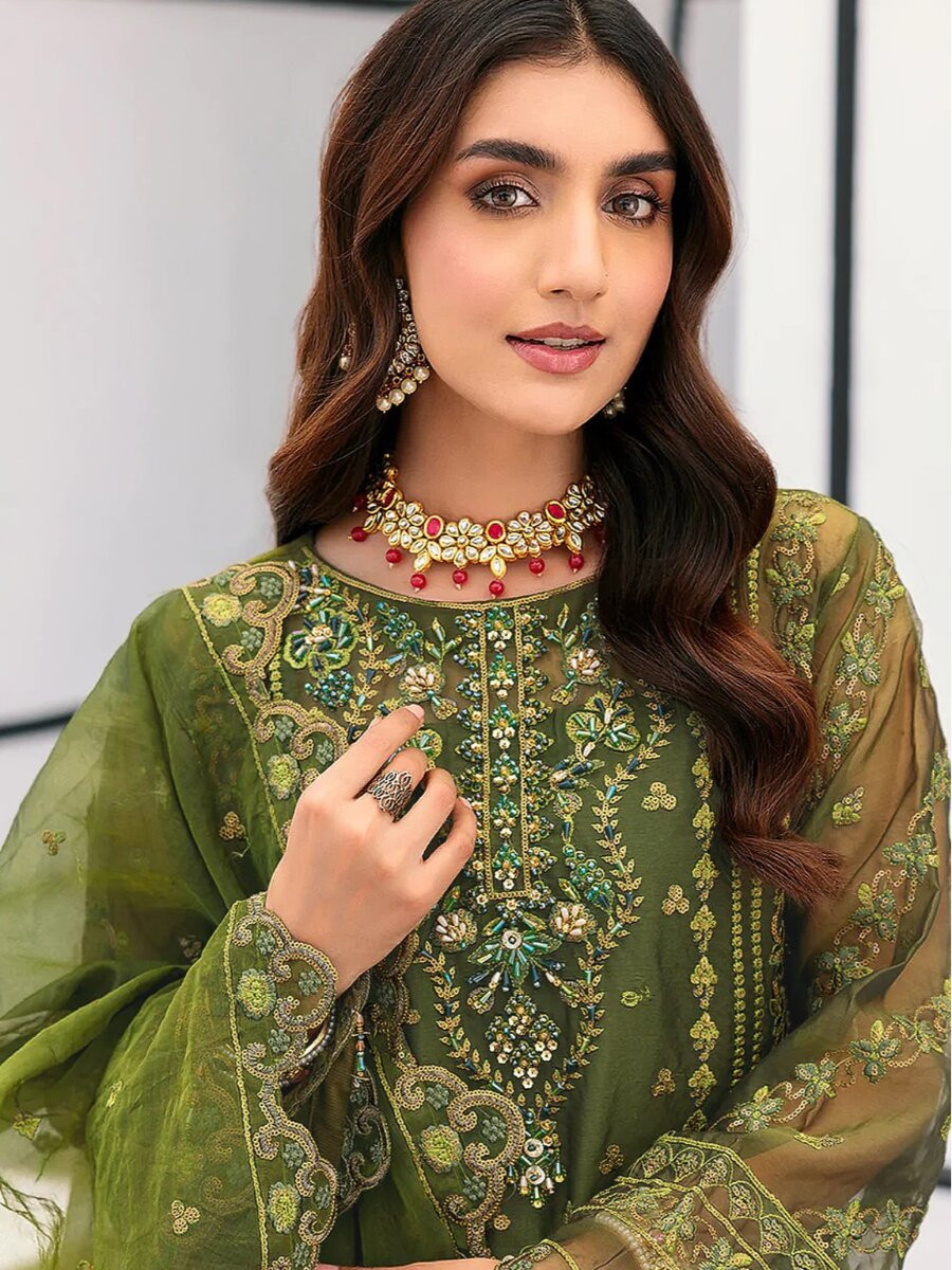 Green Organza Embroidery Zari Sequins Wedding Party Festival Casual Engagement Pant Salwar Kameez