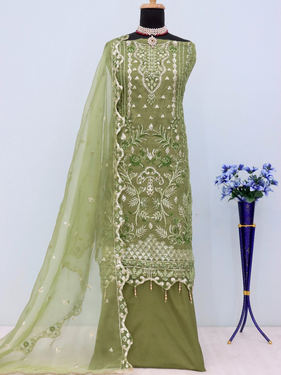 Green Organza Embroidery Zari Sequins Wedding Party Festival Casual Engagement Pant Salwar Kameez
