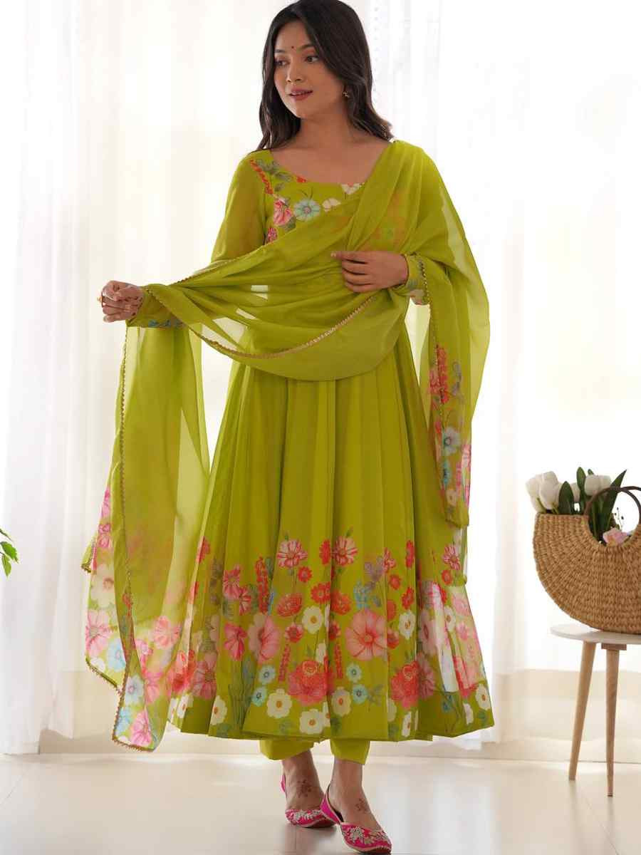 Green Organza Floral Printed Embroidery Party Wedding Festival Casual Ready Anarkali Salwar Kameez
