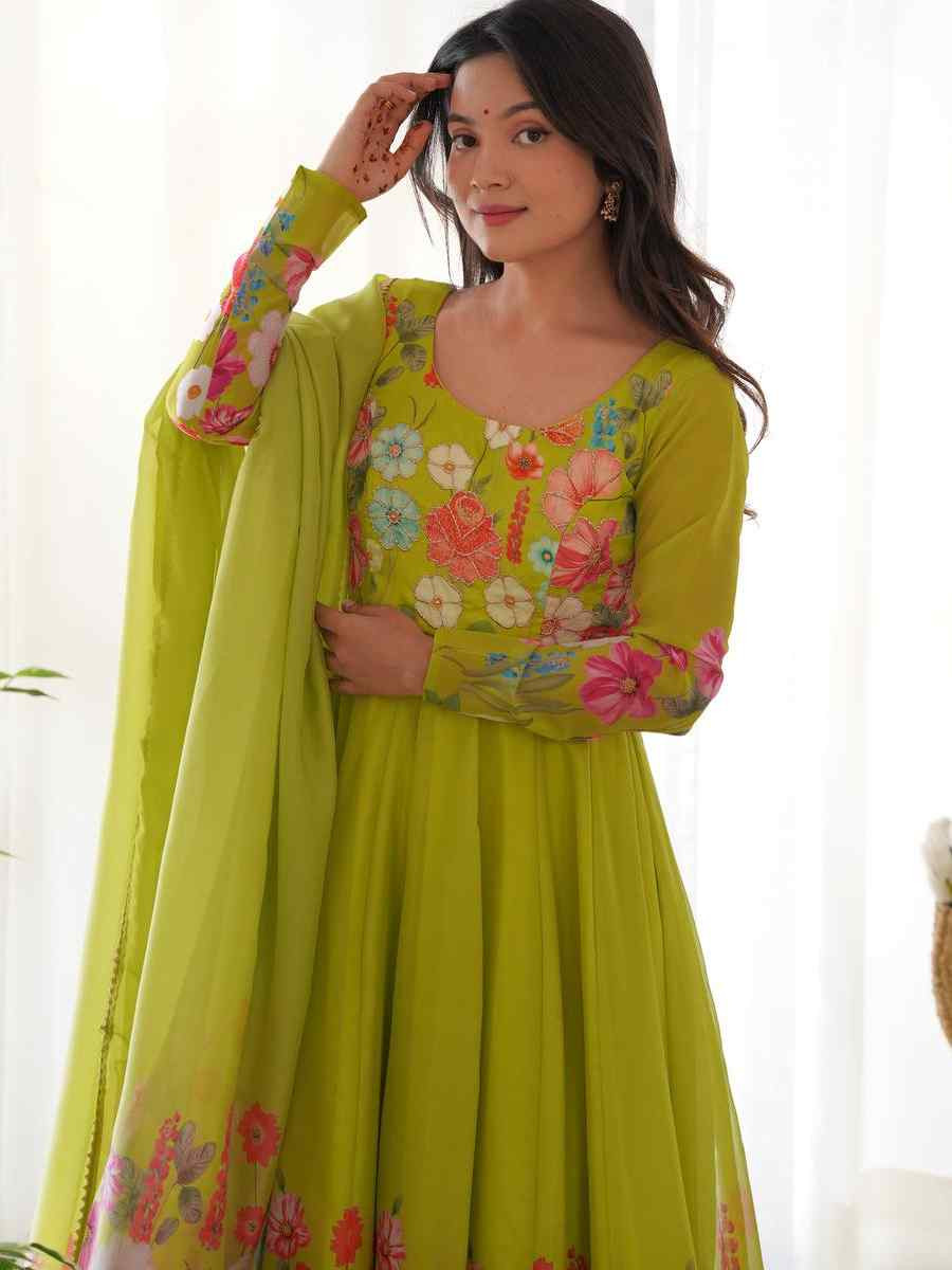 Green Organza Floral Printed Embroidery Party Wedding Festival Casual Ready Anarkali Salwar Kameez
