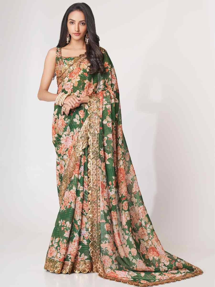 Green Organza Printed Embroidery Festival Wedding Fancy Heavy Border Saree