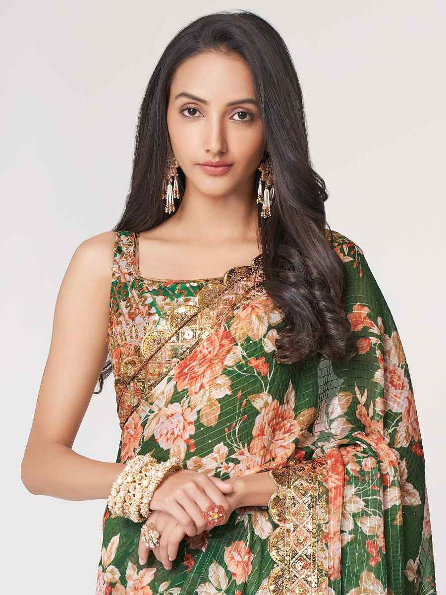 Green Organza Printed Embroidery Festival Wedding Fancy Heavy Border Saree