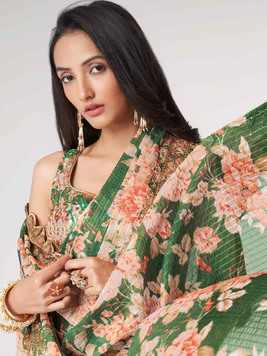 Green Organza Printed Embroidery Festival Wedding Fancy Heavy Border Saree