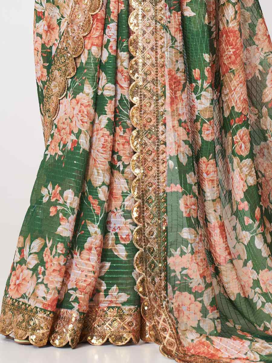 Green Organza Printed Embroidery Festival Wedding Fancy Heavy Border Saree