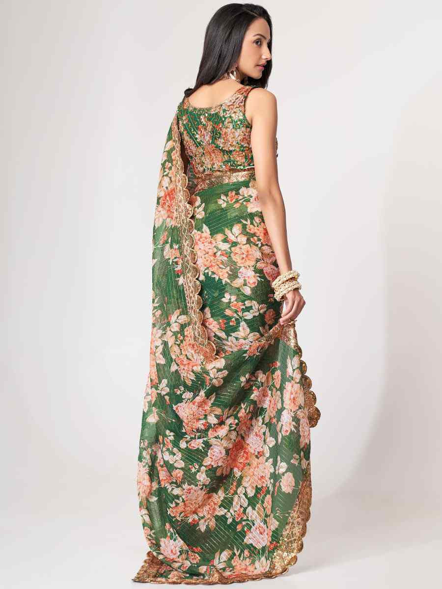 Green Organza Printed Embroidery Festival Wedding Fancy Heavy Border Saree