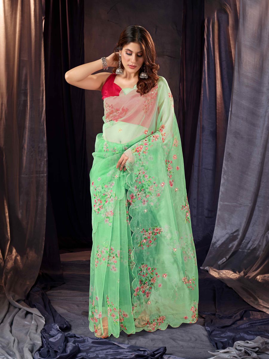 Green Organza Printed Party Festival Classic Style Saree