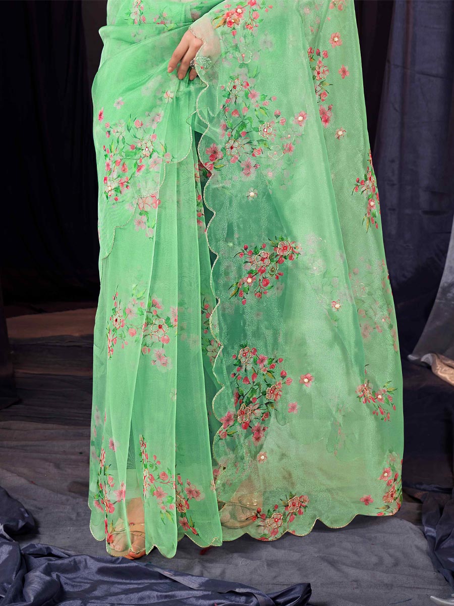 Green Organza Printed Party Festival Classic Style Saree