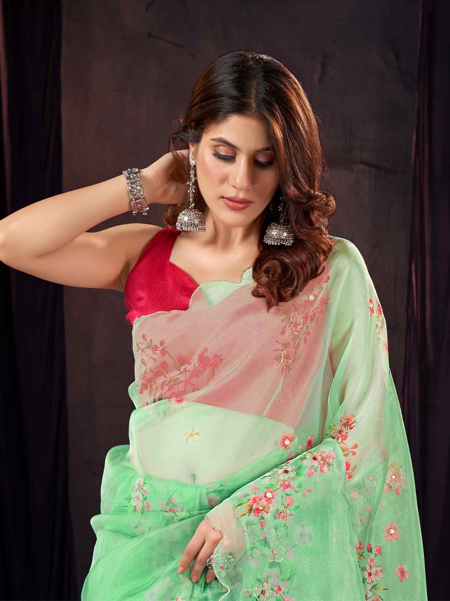 Green Organza Printed Party Festival Classic Style Saree