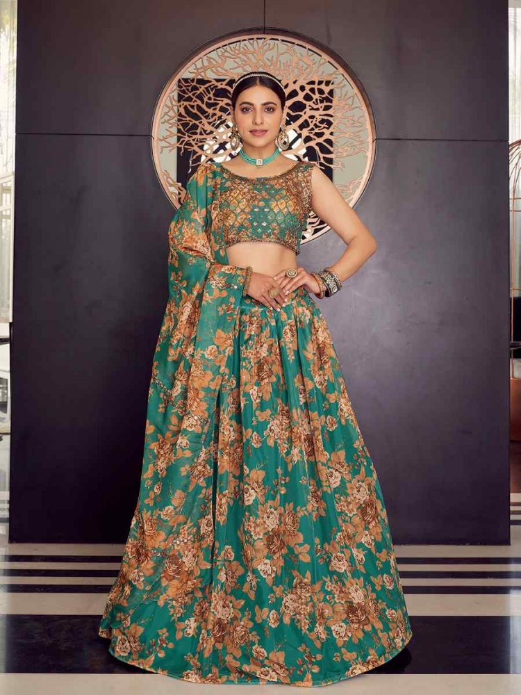 Green Organza Printed Sequins Bridesmaid Reception Heavy Border Lehenga Choli