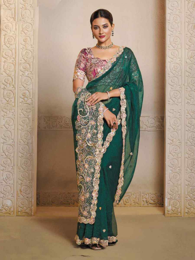 Image of Green Organza Satin Embroidery Festival Wedding Fancy Heavy Border Saree