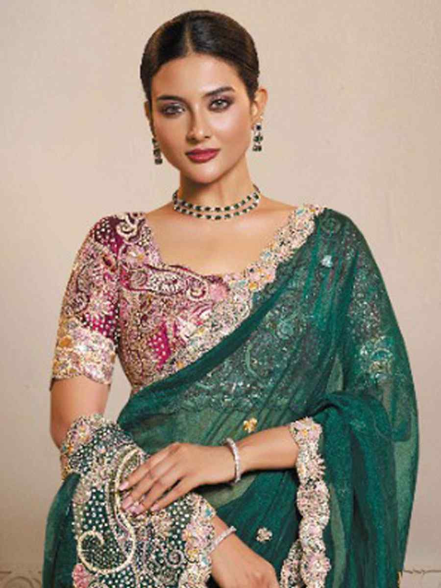 Green Organza Satin Embroidery Festival Wedding Fancy Heavy Border Saree