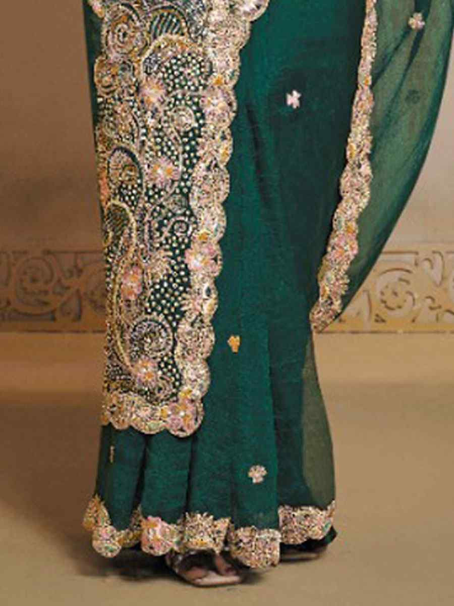 Green Organza Satin Embroidery Festival Wedding Fancy Heavy Border Saree