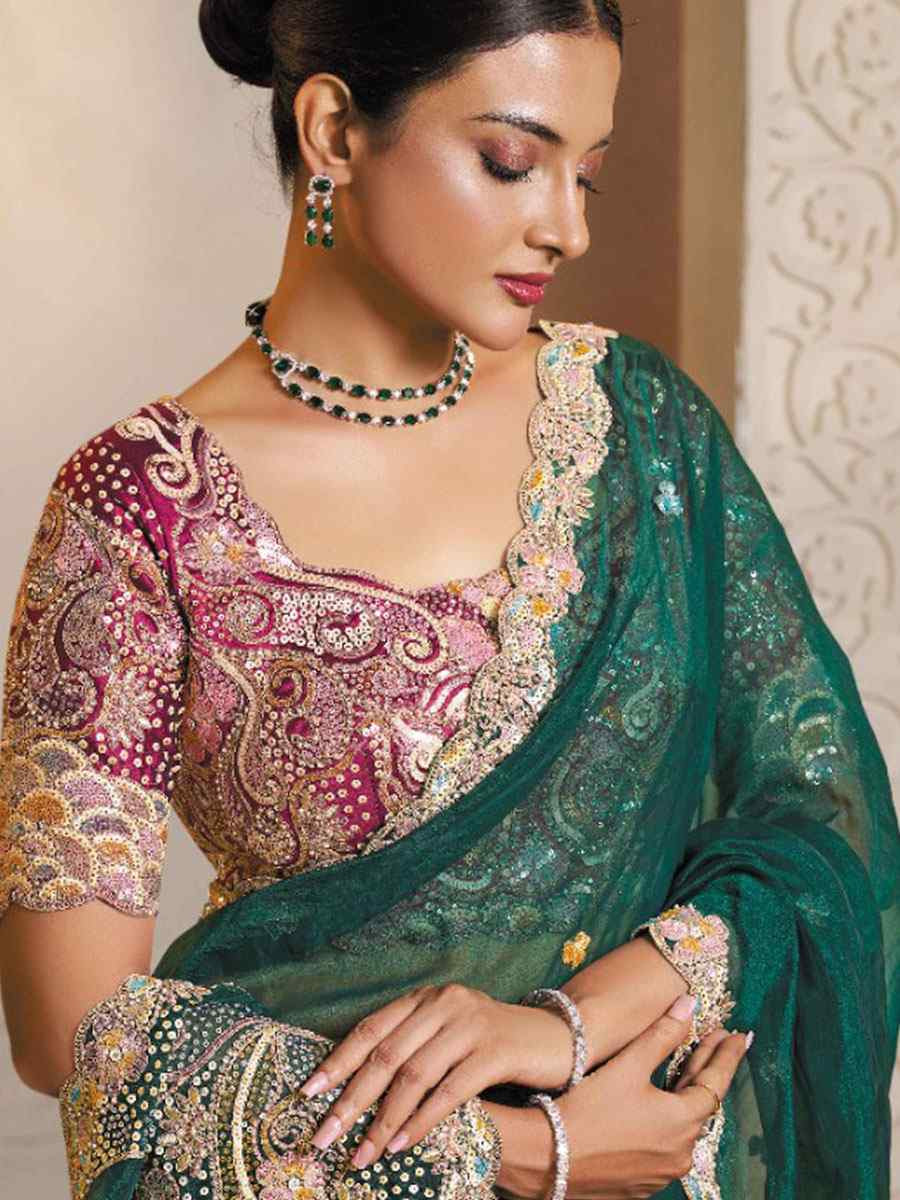 Green Organza Satin Embroidery Festival Wedding Fancy Heavy Border Saree