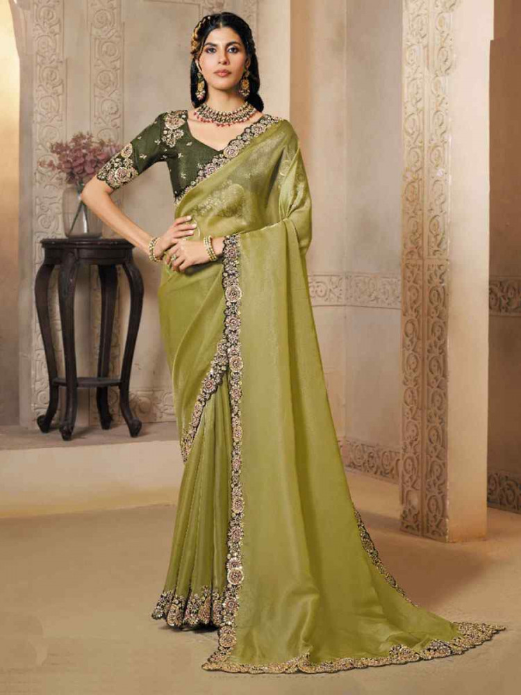 Image of Green Organza Satin Embroidery Festival Wedding Fancy Heavy Border Saree