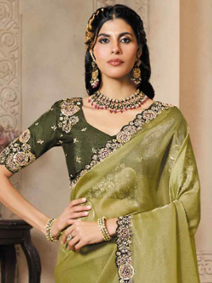 Green Organza Satin Embroidery Festival Wedding Fancy Heavy Border Saree