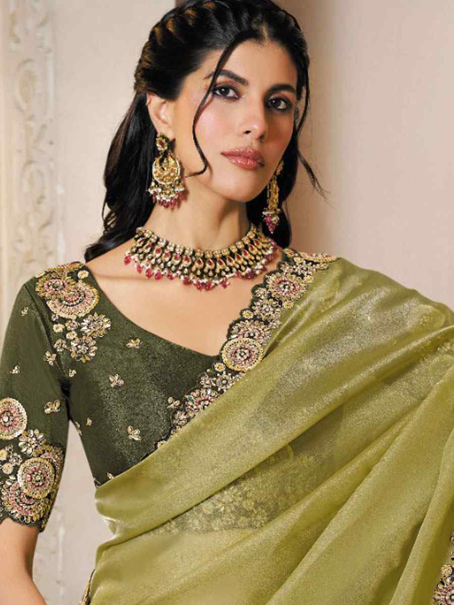 Green Organza Satin Embroidery Festival Wedding Fancy Heavy Border Saree