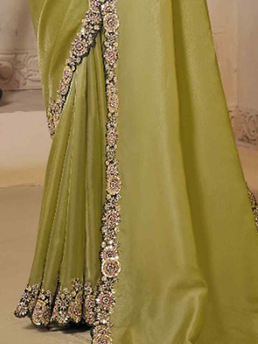 Green Organza Satin Embroidery Festival Wedding Fancy Heavy Border Saree