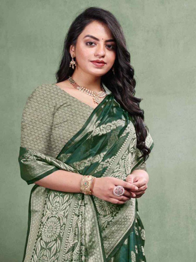 Image of Green Organza Silk  Handwoven Zari Bridal Reception Festival Wedding Fancy Heavy Border Saree