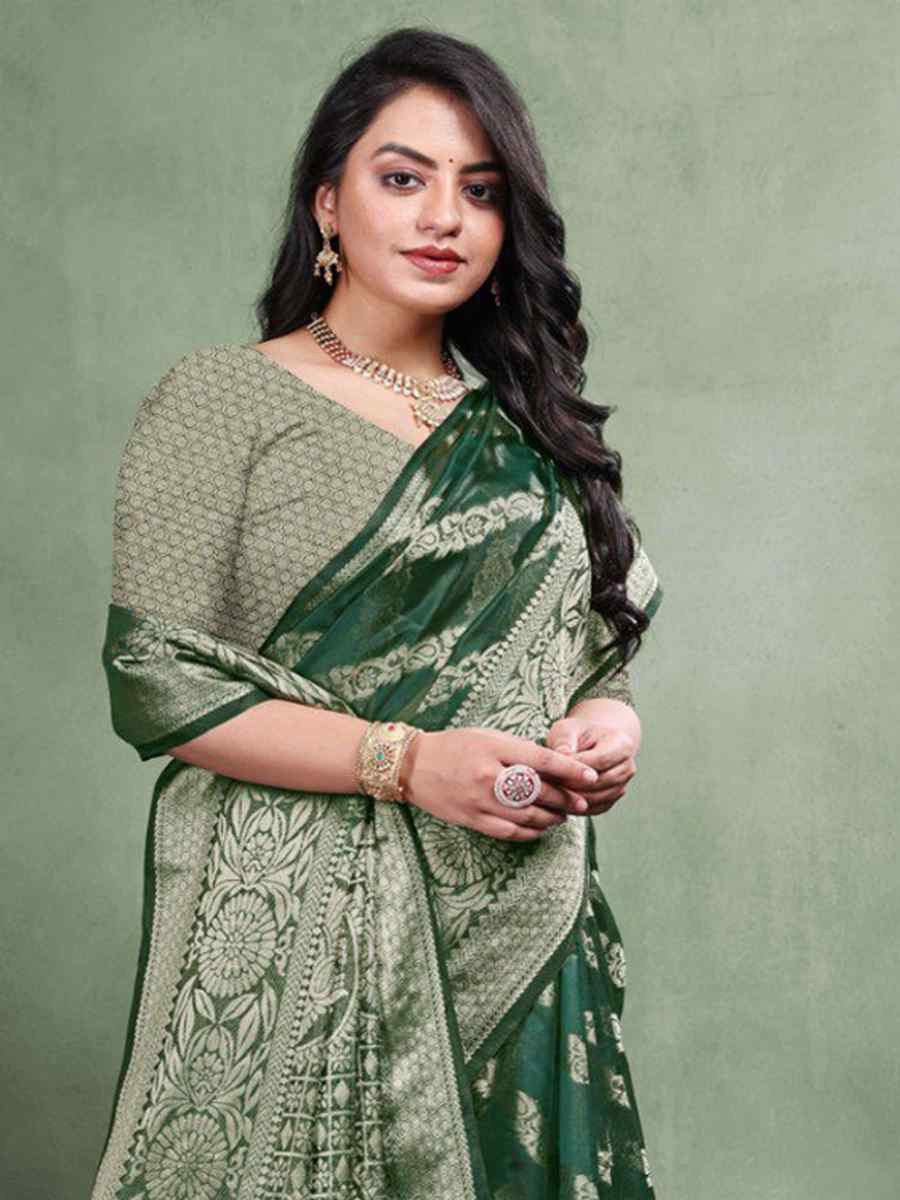 Green Organza Silk Handwoven Zari Bridal Reception Festival Wedding Fancy Heavy Border Saree