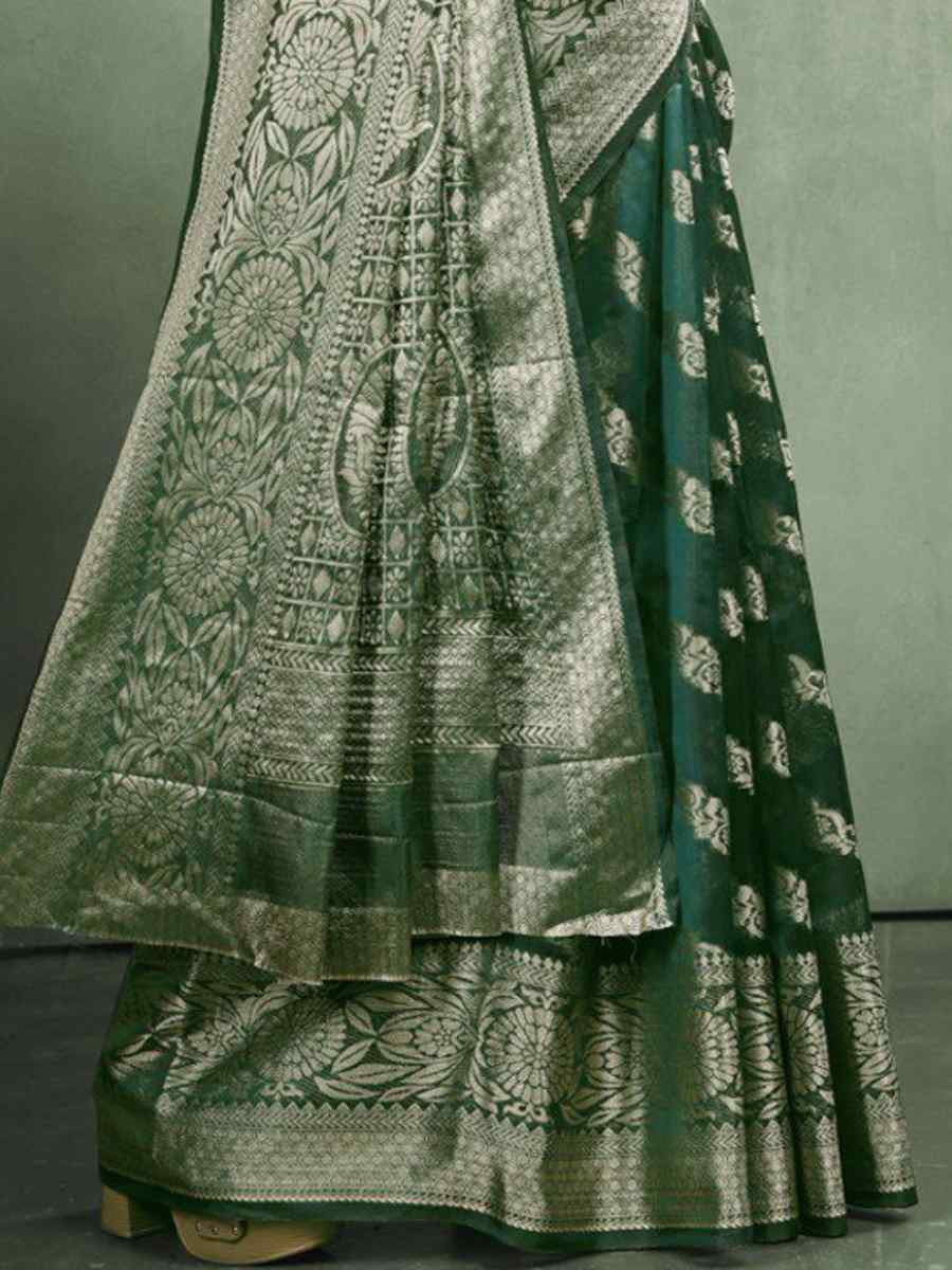 Green Organza Silk  Handwoven Zari Bridal Reception Festival Wedding Fancy Heavy Border Saree