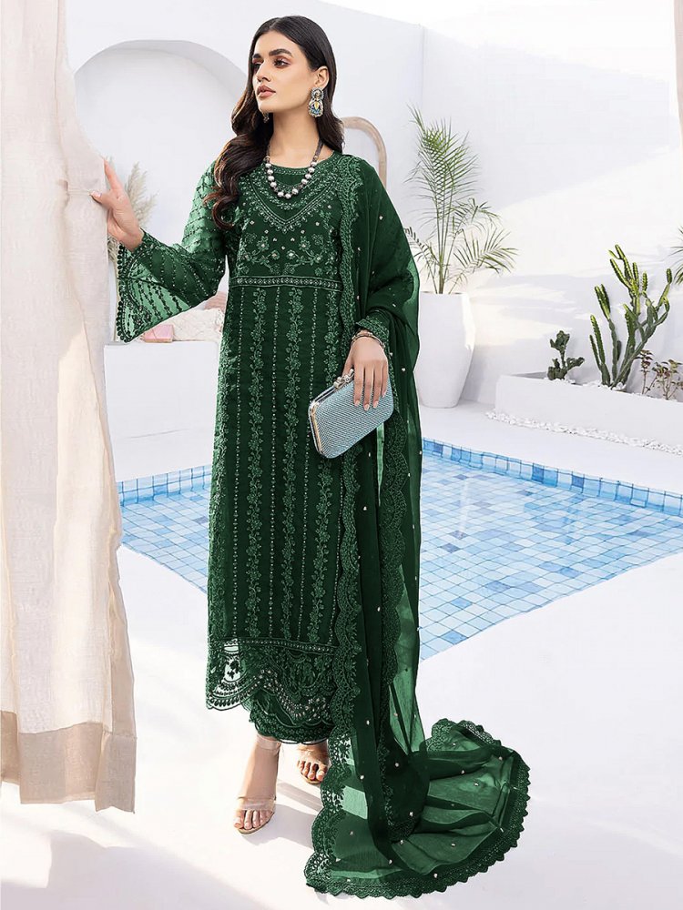 Green Organza Silk Embroidered Festival Mehendi Pant Salwar Kameez