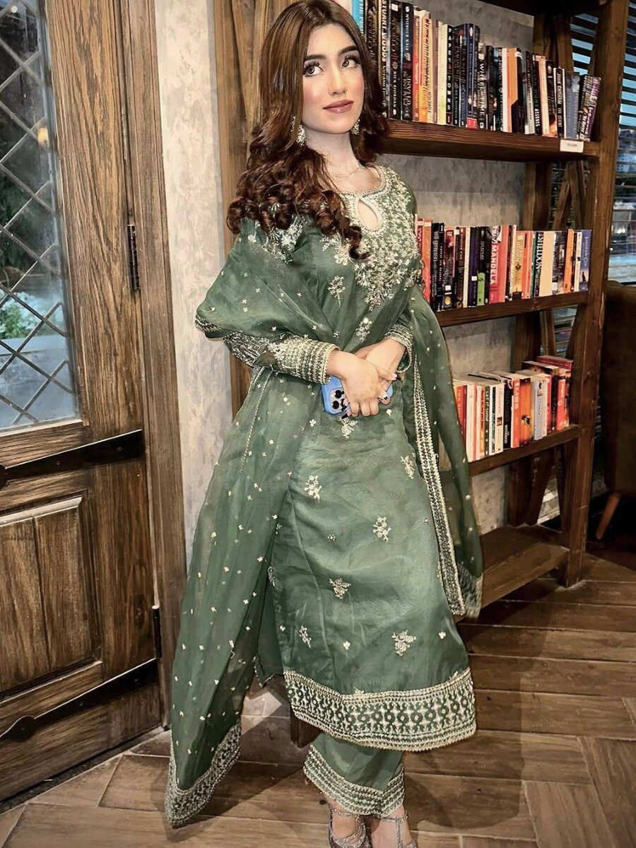 Green Organza silk Embroidery Zari Sequins Wedding Party Festival Casual Ready Palazzo Pant Salwar Kameez