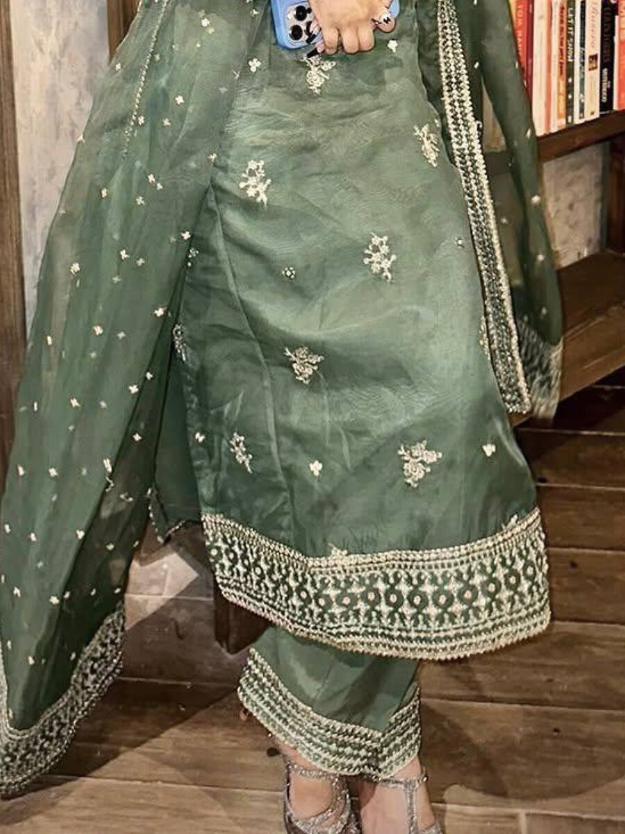 Green Organza silk Embroidery Zari Sequins Wedding Party Festival Casual Ready Palazzo Pant Salwar Kameez