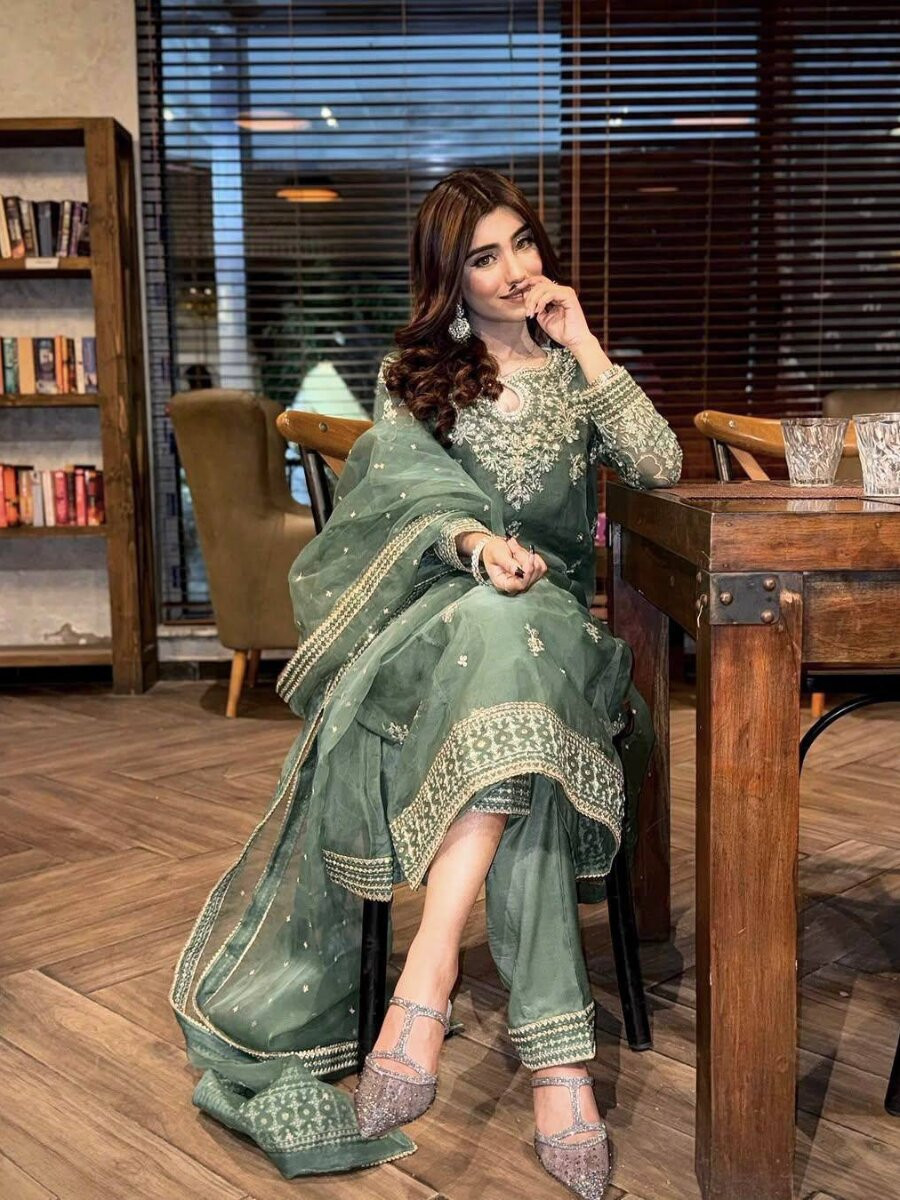 Green Organza silk Embroidery Zari Sequins Wedding Party Festival Casual Ready Palazzo Pant Salwar Kameez