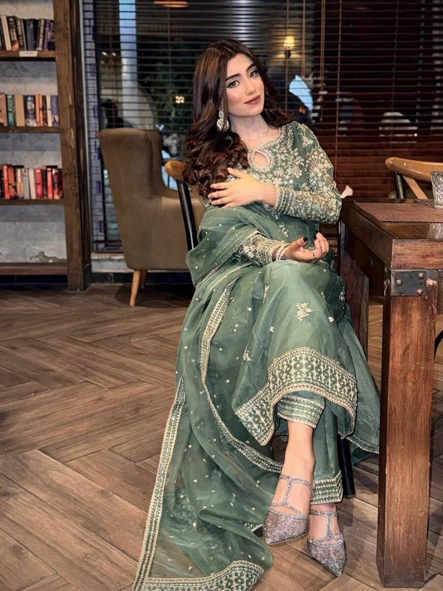 Green Organza silk Embroidery Zari Sequins Wedding Party Festival Casual Ready Palazzo Pant Salwar Kameez
