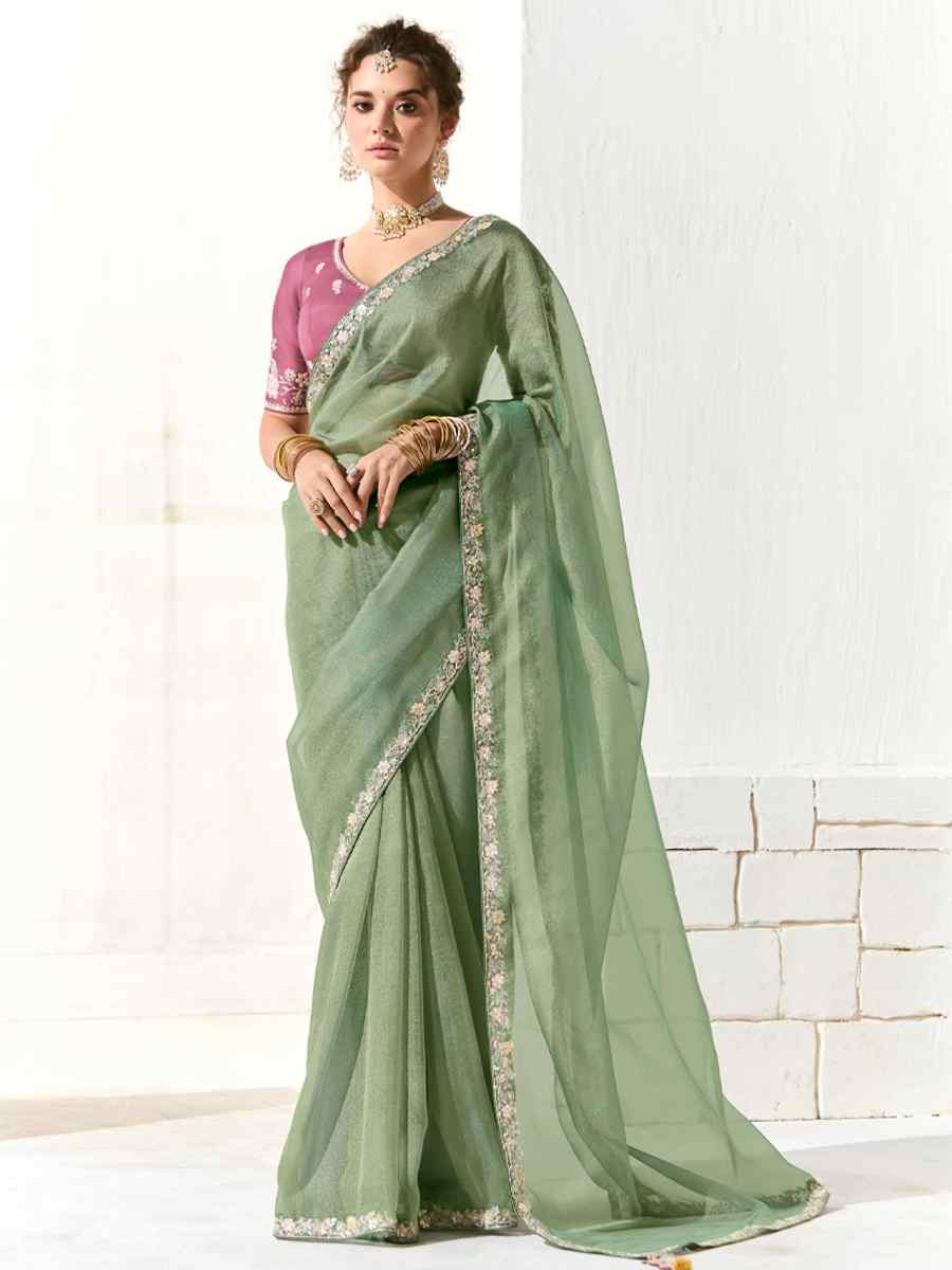 Green Organza Tissue Embroidered Festival Wedding Fancy Heavy Border Saree