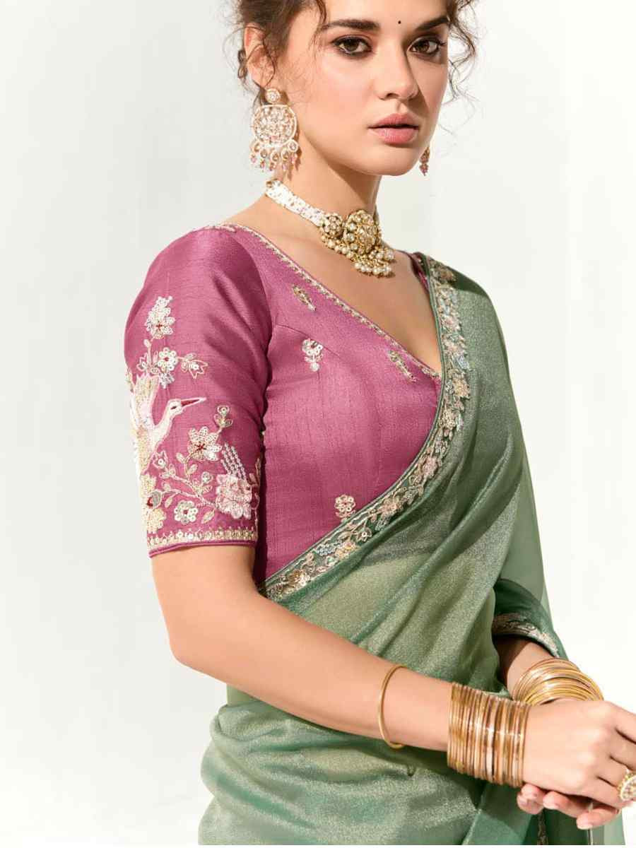 Green Organza Tissue Embroidered Festival Wedding Fancy Heavy Border Saree
