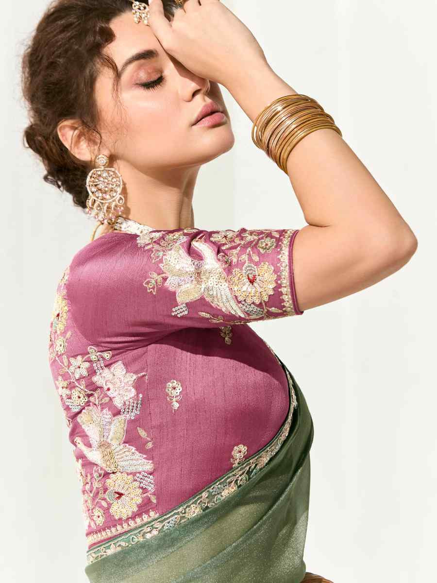 Green Organza Tissue Embroidered Festival Wedding Fancy Heavy Border Saree