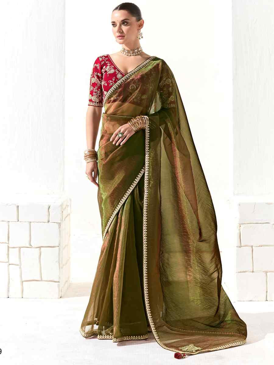 Green Organza Tissue Embroidered Festival Wedding Fancy Heavy Border Saree