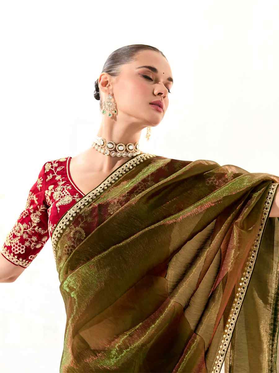 Green Organza Tissue Embroidered Festival Wedding Fancy Heavy Border Saree