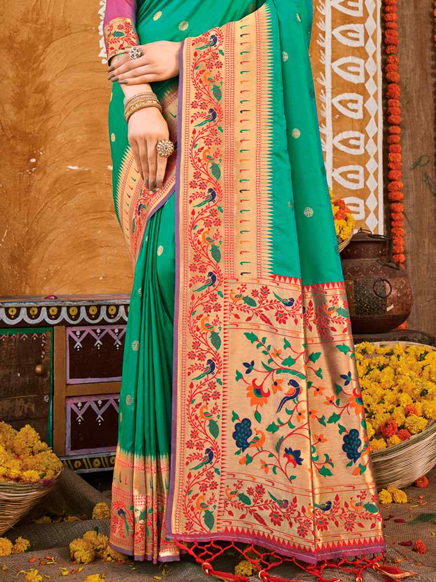 Green Paithani Silk Traditional Party Wedding Festival Heavy Border Saree