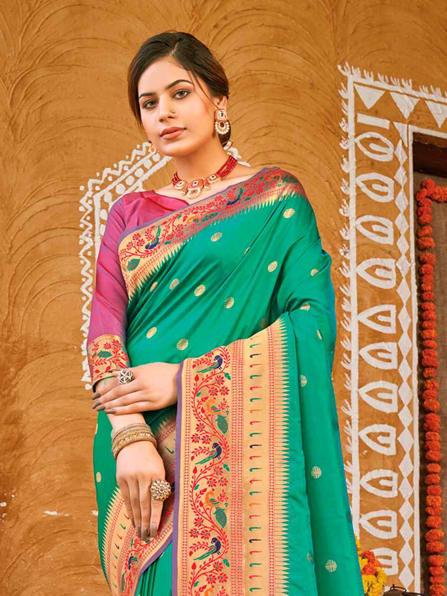 Green Paithani Silk Traditional Party Wedding Festival Heavy Border Saree