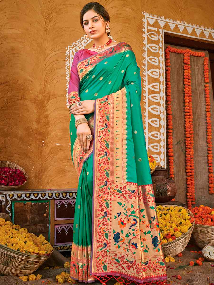 Green Paithani Silk Traditional Party Wedding Festival Heavy Border Saree