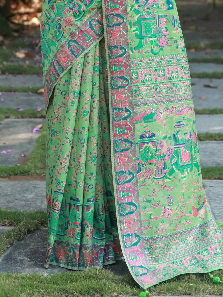 Green Pashmina Soft Cotton Handwoven Casual Festival Heavy Border Saree