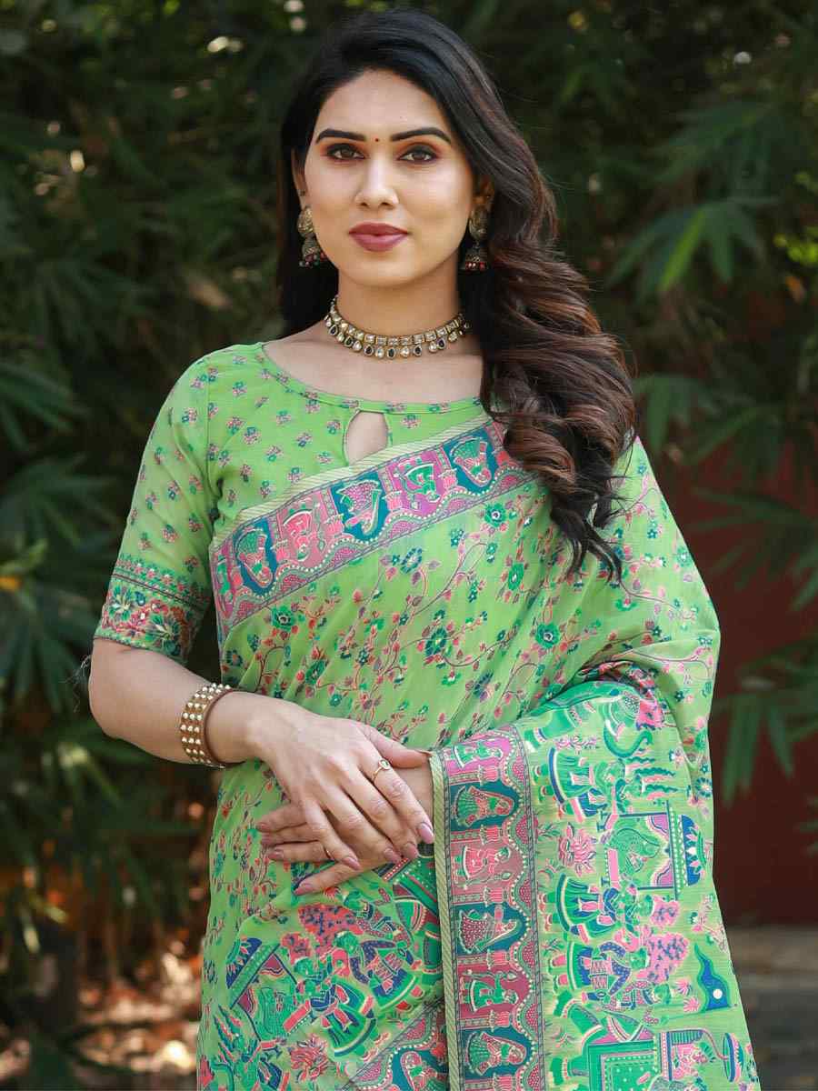 Green Pashmina Soft Cotton Handwoven Casual Festival Heavy Border Saree