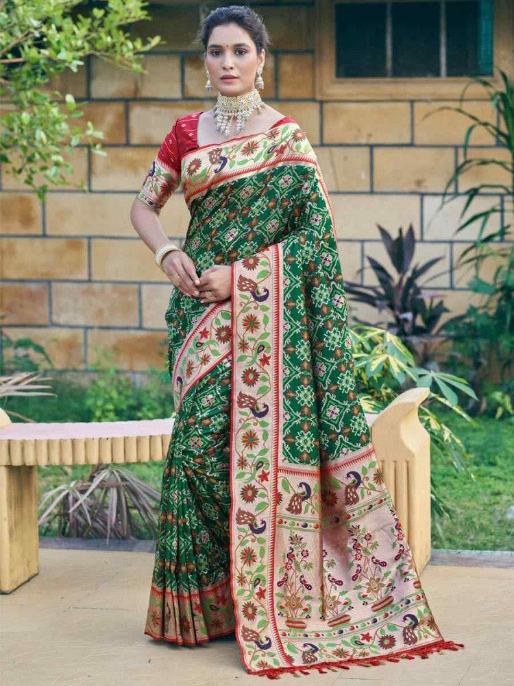 Green Patola Silk Handwoven Wedding Festival Heavy Border Saree