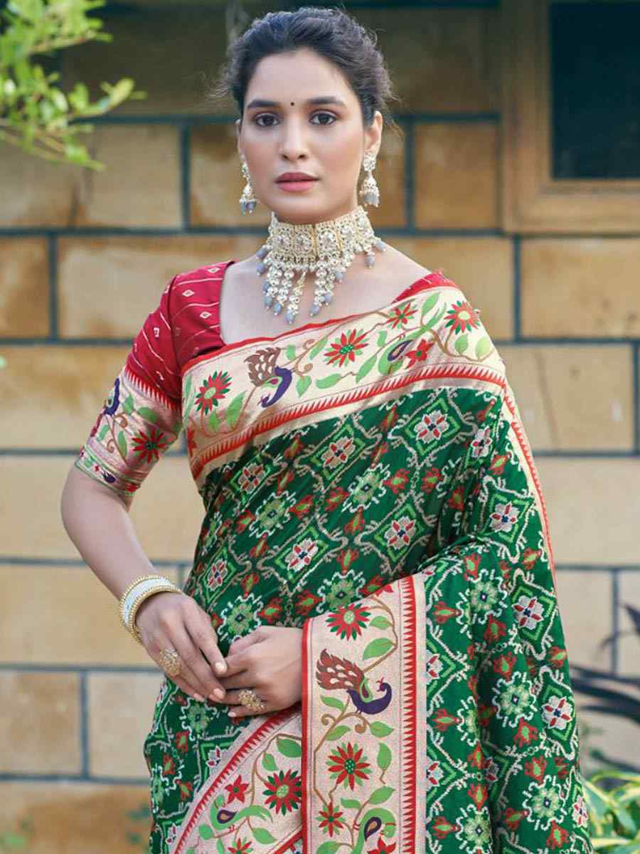Green Patola Silk Handwoven Wedding Festival Heavy Border Saree
