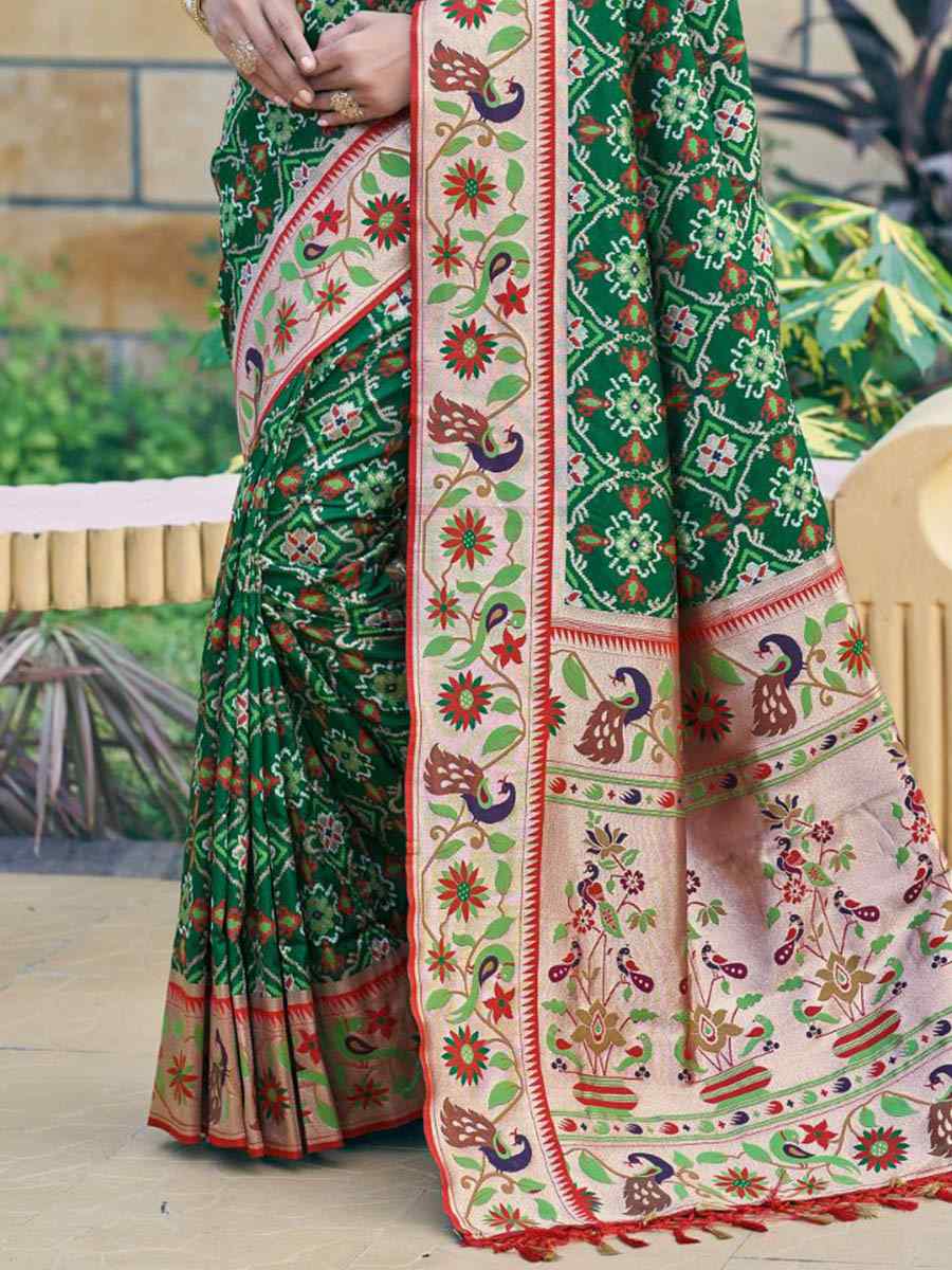 Green Patola Silk Handwoven Wedding Festival Heavy Border Saree