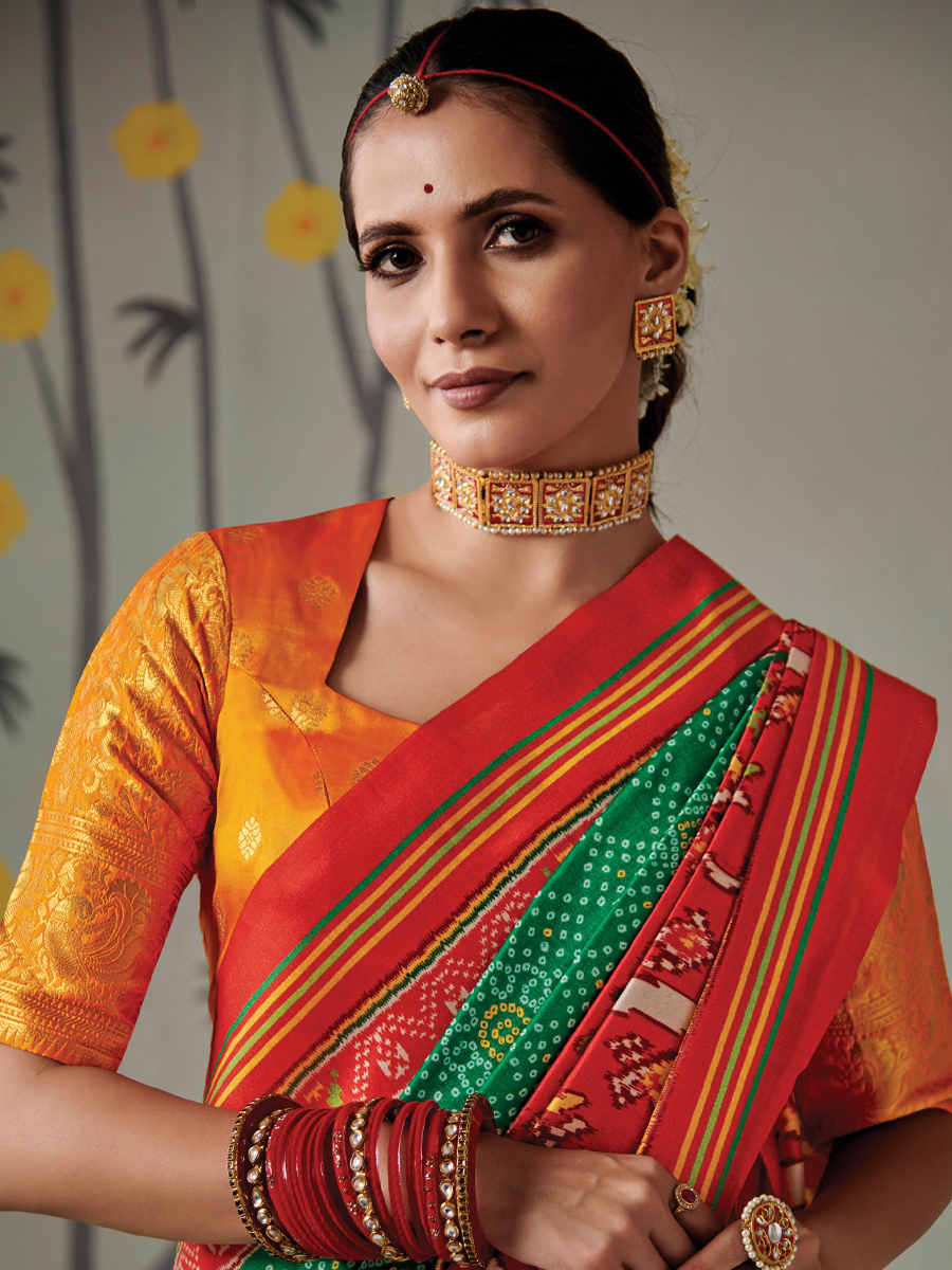 Green Patola Silk Printed Casual Festival Classic Style Saree