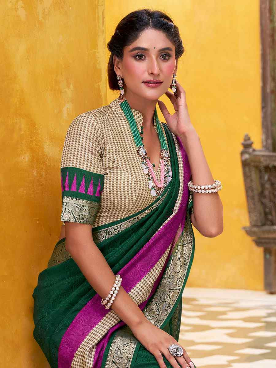 Green Poly Cotton Handwoven Casual Festival Party Classic Style Sarees