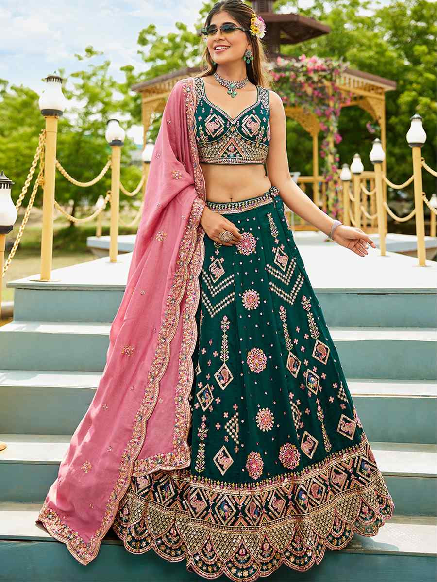 Green Poly Georgette Embroidered Festival Reception Wedding Party Wear Heavy Border Lehenga Choli