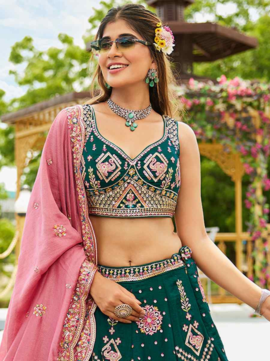 Green Poly Georgette Embroidered Festival Reception Wedding Party Wear Heavy Border Lehenga Choli