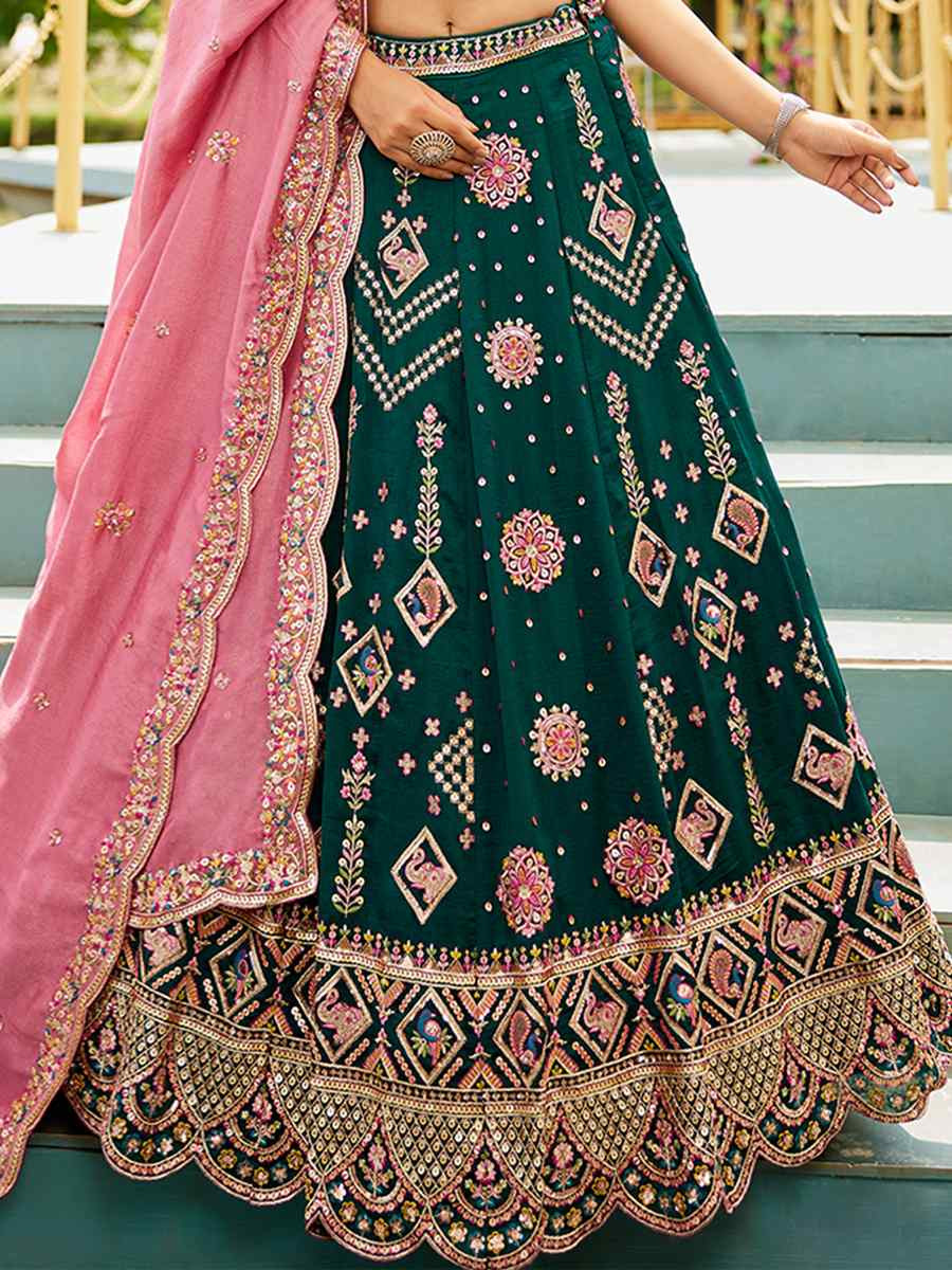 Green Poly Georgette Embroidered Festival Reception Wedding Party Wear Heavy Border Lehenga Choli